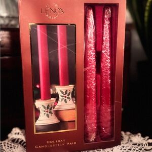 Lenox Holiday Candlestick Pair with Red Tapers – Fine China, 24k Gold Trim – NIB